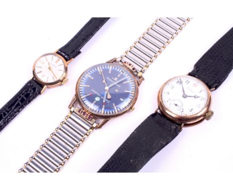 Three 9ct gold and yellow metal wristwatches. Comprising a Walthams watch with a white enamel dial Arabic numerals and a subs