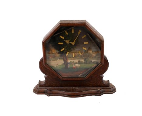 An oak cased mantel clock with a painted face 'Windsor Castle'. 'Asprey' in red at the bottom, 8 day movement. H36cm