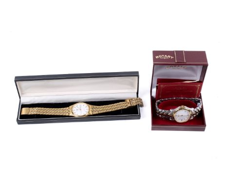 A yellow metal and stainless steel Rotary watch and one other. The first with gilt Roman numerals and date aperture to the wh
