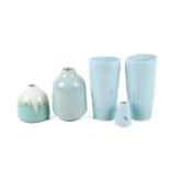 Group of five pale blue/turquoise studio and other pottery vases. Three signed 'Taja', Max.