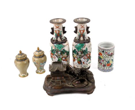 A collection of six assorted Oriental items. Including a pair of Chinese ceramic vases and a novelty Japanese metal inkwell d