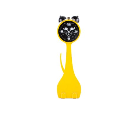 A circa 1970s Linden novelty cat alarm clock. With yellow body and black face, Arabic numerals. H30cm