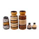 A collection of five assorted mid-century West German Pottery vases. Including Scheurich, etc. Max.