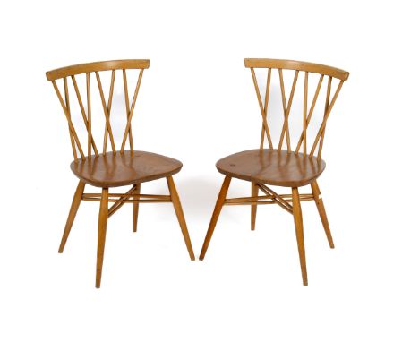 Pair of Ercol latticed 'Candlestick' elm and beech chairs. Model 376. H78cm