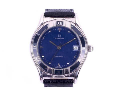 A Zenith gentleman's wristwatch. Automatic movement, the blue dial having a date aperture, the bezel having Roman numerals, i