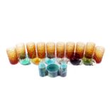 Set of ten mid-century textured orange glass drinking beakers, etc. Max.
