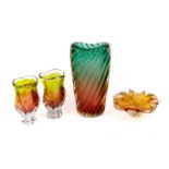 Four pieces of assorted mid-century Murano style coloured art glass items.