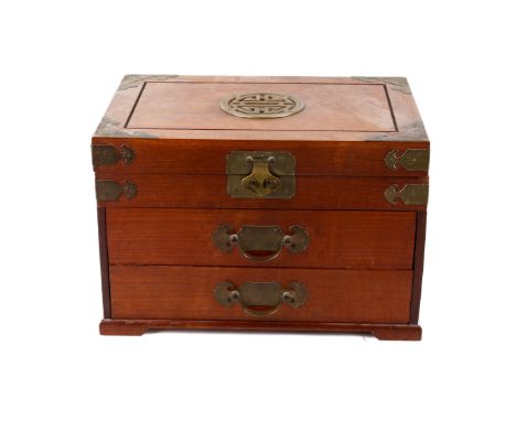 A large Chinese hardwood brass bound jewellery casket. Lidded top section above two drawers. H25cm x W38cm x D27cm