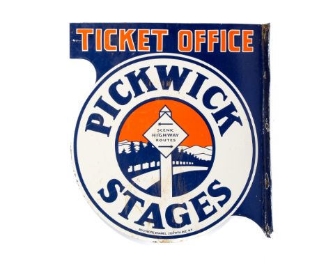 A Pickwick Stages ticket office enamel sign. Blue and orange lettering on a white and blue ground, double sided, H74cm.