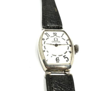 Case 1920's original Omega large sterling silver TONNEAU shaped wrist watch. Sterling Silver case not hallmarked  gold gilted