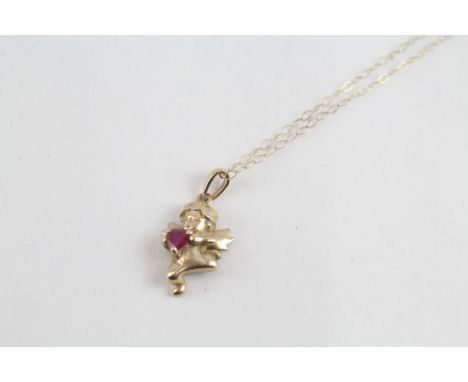 9ct gold ruby cherub pendant &amp; chain (2.1g)