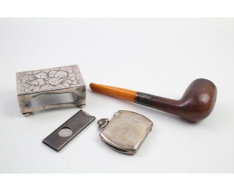 4 x .925 sterling tobacciana inc vesta, banded pipe, cigar cutter etc