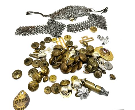 Large selection of military buttons chainmail shoulder Epaulettes whistle etc 