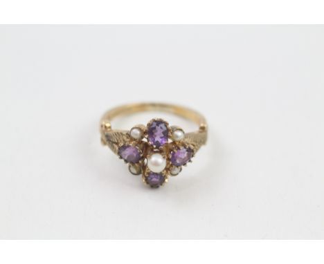 9ct gold amethyst &amp; seed pearl dress ring (2.6g) Ring size j/k