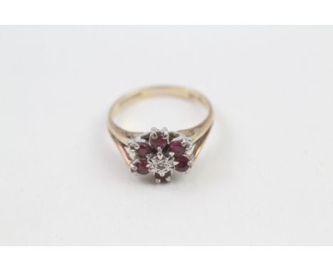 9ct gold ruby &amp; diamond vintage cluster ring (2.3g) ring size K