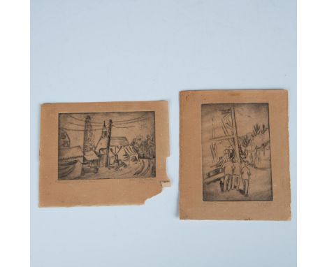 Two original etchings on paper by American artist Charlotte Backer made during the Great Depression. In one etching entitled 