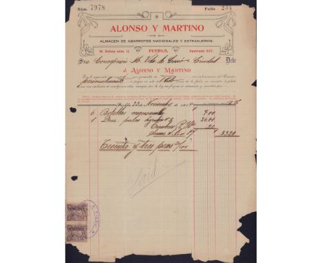 Set of original Puebla Mexico receipts from early 1910 with original postal stamps. Examples of ledger headliners: Almacenes 
