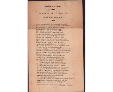 Featuring loving poetic tribute by Helen M. Morris, to a man who passed away before his 20th birthday. Dimensions: 5.75"W x 7