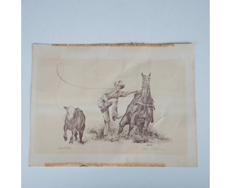 Original lithograph on laid paper featuring an American West rancher roping a calf created by artist Eva Caprani who speciali