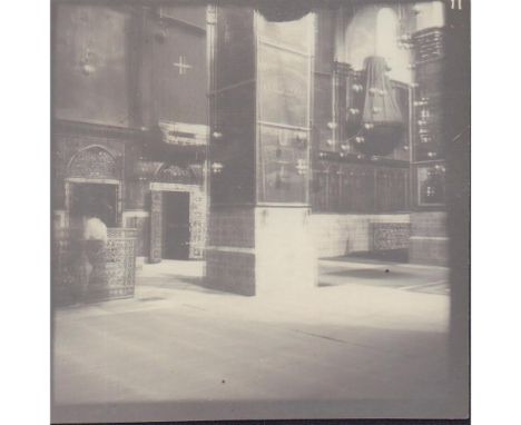 Silver gelatin black and white photograph with square format. Features a ghostly interior shot of the St. James Cathedral in 