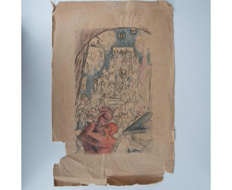 Large color lithograph on brown paper that depicts a Cubo-Futurist cabaret scene with multiple figures descending a large sta