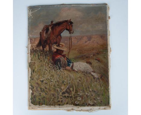 This original Western theme oil on canvas entitled Daydreaming depicts a cowboy resting by his horse above a wide prairie fil