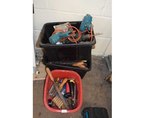 Three boxes of various tools, garage clearance items etc