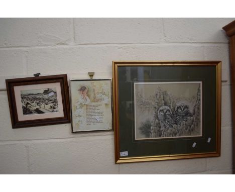 Print of owls together with a copy of the Lords Prayer and a seaside print, all framed and glazed