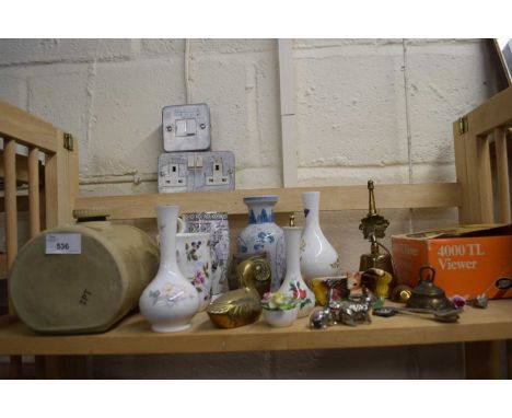 Mixed Lot: Various assorted ceramics, stone ware hot water bottle, brass items, vintage film viewer etc