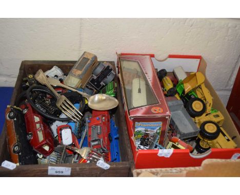 Two boxes of various vintage toy  vehicles and other items