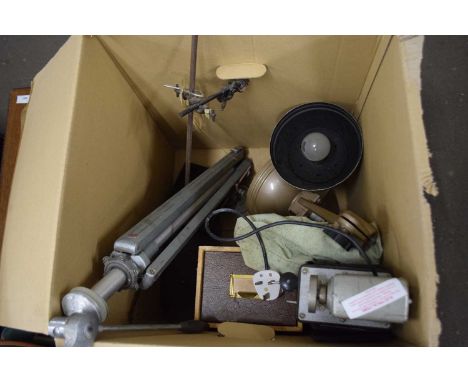 Box of mixed items to include camera tripod, industrial style lamp, small electric motor and other items