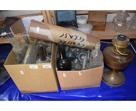 Mixed Lot:  Two boxes of vintage bottles and a brass based oil lamp