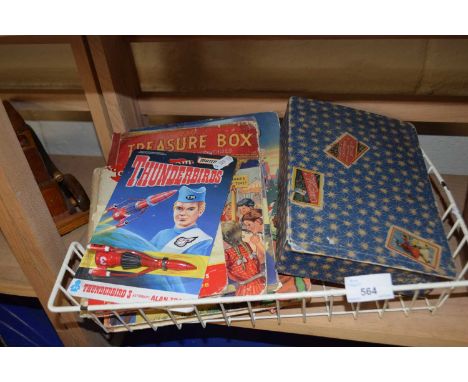 Collection of children's vintage books, a vintage Matchbox Thunderbirds model and a sewing box and contents