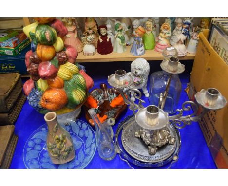 Mixed Lot: Silver plated candelabra, large ceramic model of fruit and other assorted items