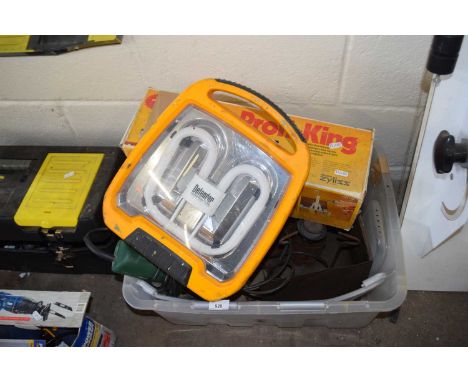 Box containing vintage paraffin stove, small angle grinder, portable electric light etc