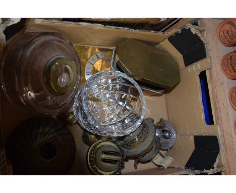Box of various oil lamp parts and other items