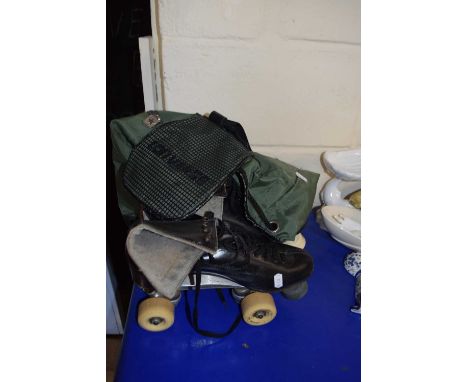 Pair of  black leather roller boots and a Converse back pack