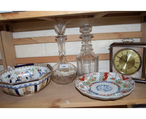 Mixed Lot: An Imari decorated plate, decanters, mantel clock and a further bowl