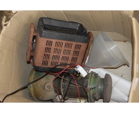 Box of mixed items to include a battery charger, storm lantern etc