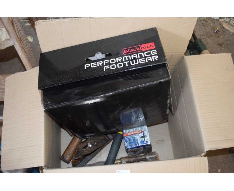 Box of mixed items to include safety footwear, wood working tools etc