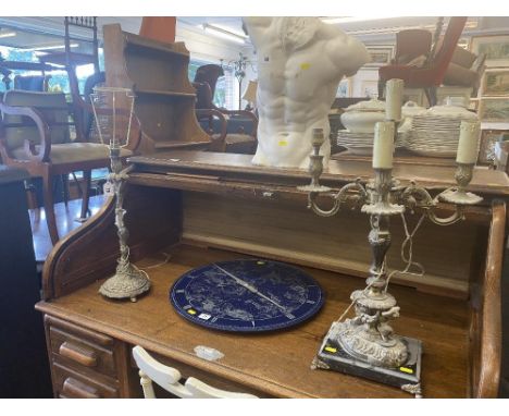 A gilt five bunch chandelier and a gilt lamp