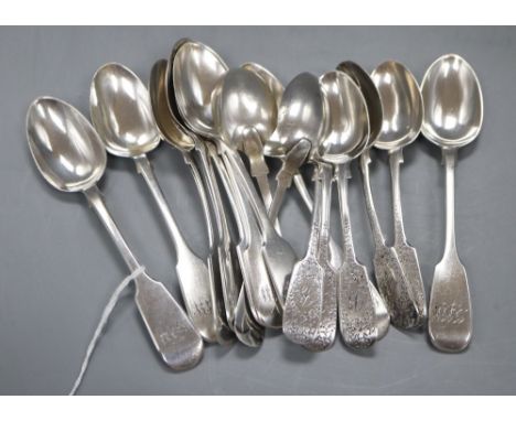 A set of nine Victorian silver fiddle pattern teaspoons, Charles Boyton, London, 1859 and a set of seven silver teaspoons, Sh