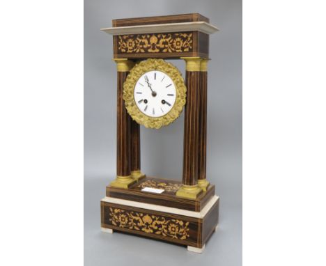 A 19th century French marquetry rosewood portico clock, height 51cm