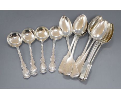 A set of six George V silver fiddle pattern dessert spoons, Sheffield, 1913, four sterling small ladles and three 19th centur