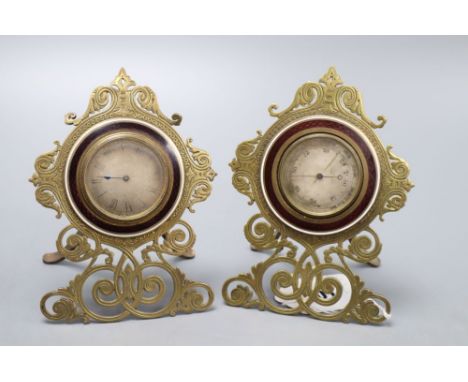 A pair of enamelled gilt metal desk pieces, barometer and timepiece, height 15cm