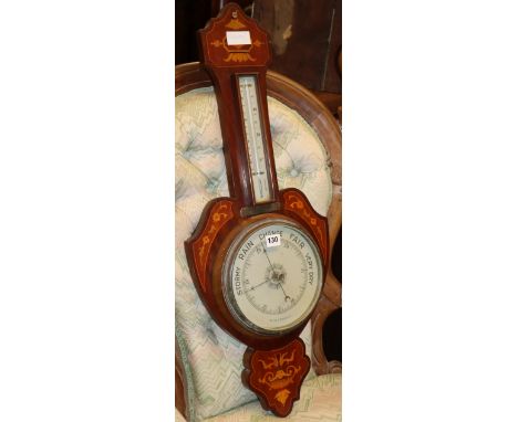 A late Victorian inlaid aneroid barometer / thermometer, H.82cm