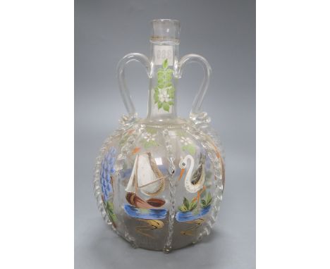 A Belgian enamel painted glass decanter, height 25cm