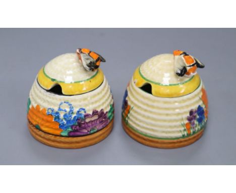 Two Clarice Cliff preserve pots, one Crocus, the other GaydayCONDITION: One of the covers has a small splinter chip to the ri