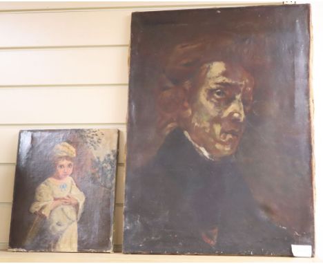 Two unframed oil on canvas studies, Portrait of a girl, 30 x 28cm and a sketch of a gentleman, 60 x 44cm