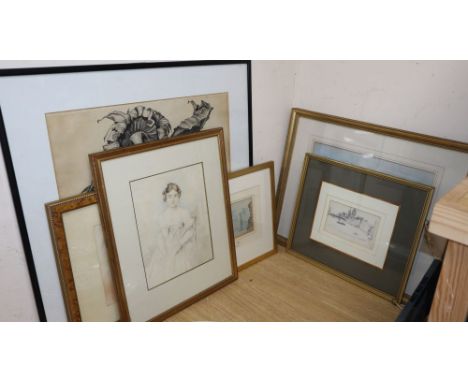 A group of assorted pictures and prints including Francis Leake, watercolour of a sailing ship, a Stanley Grayson sketch, and
